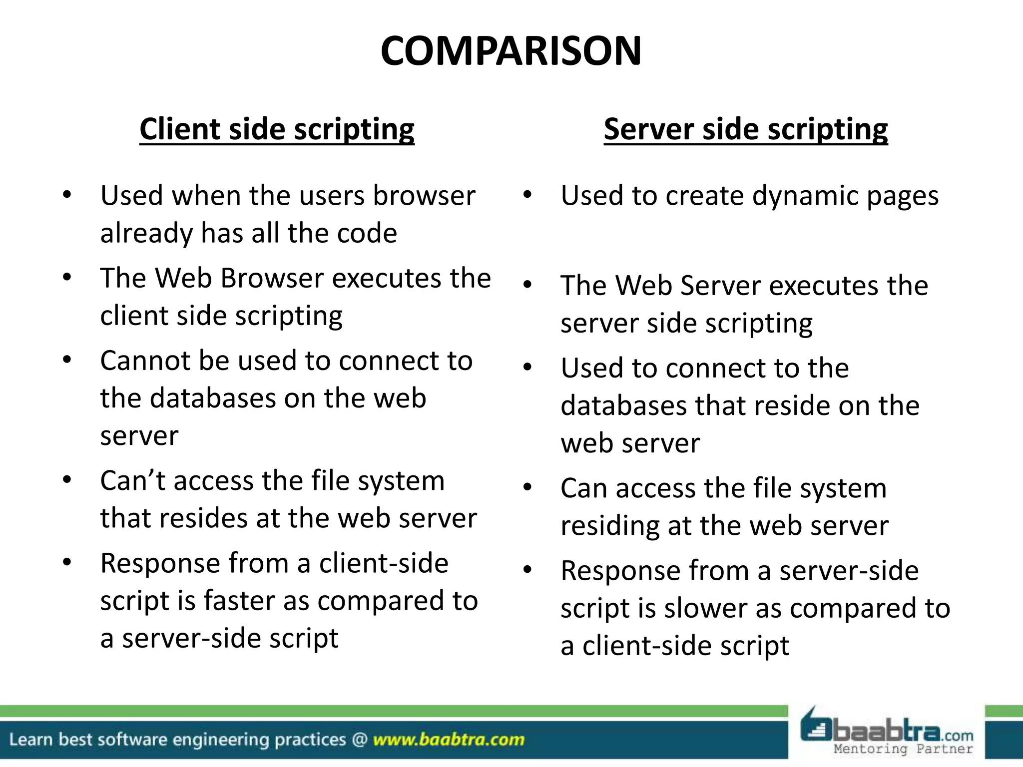 COMPARISON
Client side scripting
• Used when the users browser
already has all the code
• The Web Browser executes the
client side scripting
• Cannot be used to connect to
the databases on the web
server
• Can’t access the file system
that resides at the web server
• Response from a client-side
script is faster as compared to
a server-side script
Server side scripting
• Used to create dynamic pages
• The Web Server executes the
server side scripting
• Used to connect to the
databases that reside on the
web server
• Can access the file system
residing at the web server
• Response from a server-side
script is slower as compared to
a client-side script
 