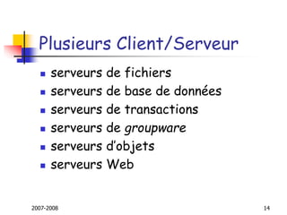 2007-2008 14
Plusieurs Client/Serveur
 serveurs de fichiers
 serveurs de base de données
 serveurs de transactions
 serveurs de groupware
 serveurs d’objets
 serveurs Web
 