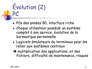 2007-2008 6
Évolution (2)
PC
 PCs des années 80, interface riche
 Chaque utilisateur possède un système
complet à son service, évolution de la
bureautique personnelle
 Logiciels émulateurs de terminaux pour les
relier aux systèmes centraux
 multiplication des applications, et des
fichiers, difficulté de maintenance, risques
 