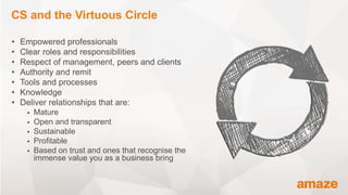 • Empowered professionals
• Clear roles and responsibilities
• Respect of management, peers and clients
• Authority and remit
• Tools and processes
• Knowledge
• Deliver relationships that are:
 Mature
 Open and transparent
 Sustainable
 Profitable
 Based on trust and ones that recognise the
immense value you as a business bring
CS and the Virtuous Circle
 