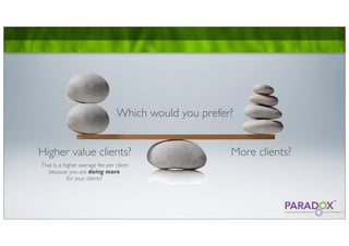 Which would you prefer?


Higher value clients?                                   More clients?
That is, a higher average fee per client
   because you are doing more
             for your clients?
 