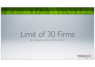 Limit of 30 Firms
   Be amongst one-third of 1% of ﬁrms
 
