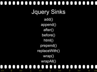 >> 0 >> 1 >> 2 >> 3 >> 4 >>
Jquery Sinks
add()
append()
after()
before()
html()
prepend()
replaceWith()
wrap()
wrapAll()
 