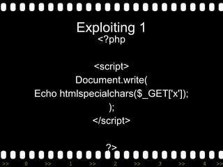 >> 0 >> 1 >> 2 >> 3 >> 4 >>
Exploiting 1
<?php
<script>
Document.write(
Echo htmlspecialchars($_GET['x']);
);
</script>
?>
 