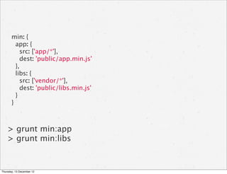 min: {
         app: {
           src: ['app/*'],
           dest: 'public/app.min.js'
         },
         libs: {
           src: ['vendor/*'],
           dest: 'public/libs.min.js'
         }
       }



    > grunt min:app
    > grunt min:libs


Thursday, 13 December 12
 