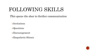 This opens the door to further communication
Invitations
Questions
Encouragement
Empathetic Silence
 