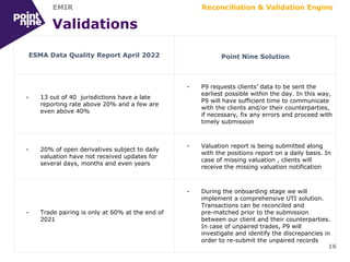 Validations
ESMA Data Quality Report April 2022 Point Nine Solution
- 13 out of 40 jurisdictions have a late
reporting rate above 20% and a few are
even above 40%
- P9 requests clients’ data to be sent the
earliest possible within the day. In this way,
P9 will have sufficient time to communicate
with the clients and/or their counterparties,
if necessary, fix any errors and proceed with
timely submission
- 20% of open derivatives subject to daily
valuation have not received updates for
several days, months and even years
- Valuation report is being submitted along
with the positions report on a daily basis. In
case of missing valuation , clients will
receive the missing valuation notification
- Trade pairing is only at 60% at the end of
2021
- During the onboarding stage we will
implement a comprehensive UTI solution.
Transactions can be reconciled and
pre-matched prior to the submission
between our client and their counterparties.
In case of unpaired trades, P9 will
investigate and identify the discrepancies in
order to re-submit the unpaired records
16
Reconciliation & Validation Engine
EMIR
 