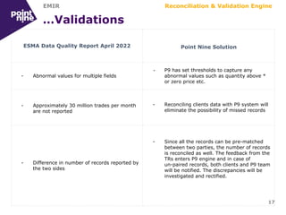 …Validations
ESMA Data Quality Report April 2022 Point Nine Solution
- Abnormal values for multiple fields
- P9 has set thresholds to capture any
abnormal values such as quantity above *
or zero price etc.
- Approximately 30 million trades per month
are not reported
- Reconciling clients data with P9 system will
eliminate the possibility of missed records
- Difference in number of records reported by
the two sides
- Since all the records can be pre-matched
between two parties, the number of records
is reconciled as well. The feedback from the
TRs enters P9 engine and in case of
un-paired records, both clients and P9 team
will be notified. The discrepancies will be
investigated and rectified.
17
Reconciliation & Validation Engine
EMIR
 