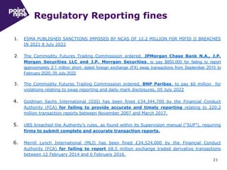 Regulatory Reporting fines
21
1. ESMA PUBLISHED SANCTIONS IMPOSED BY NCAS OF 12.2 MILLION FOR MIFID II BREACHES
IN 2021 8 July 2022
2. The Commodity Futures Trading Commisssion ordered, JPMorgan Chase Bank N.A., J.P.
Morgan Securities LLC and J.P. Morrgan Securities, to pay $850,000 for failing to report
approximately 2.1 million short- dated foreign exchange (FX) swap transactions from September 2015 to
February 2020, 05 July 2022
3. The Commodity Futures Trading Commisssion ordered, BNP Paribas, to pay $6 million for
violations relating to swap reporting and daily mark disclosures, 05 July 2022
4. Goldman Sachs International (GSI) has been fined £34,344,700 by the Financial Conduct
Authority (FCA) for failing to provide accurate and timely reporting relating to 220.2
million transaction reports between November 2007 and March 2017.
5. UBS breached the Authority’s rules, as found within its Supervision manual (“SUP”), requiring
firms to submit complete and accurate transaction reports.
6. Merrill Lynch International (MLI) has been fined £34,524,000 by the Financial Conduct
Authority (FCA) for failing to report 68.5 million exchange traded derivative transactions
between 12 February 2014 and 6 February 2016.
 