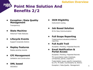 5
Point Nine Solution And
Benefits 2/2
• ISIN Eligibility
Instrument routing
• Job Based Solution
ID for Easy Communication
• Full Scope Reporting
Trade/position/valuation/collateral
reporting
• Full Audit Trail
Accepted / Pending / Rejected Records
• Email Notification &
Portal Access
Accepted / Pending / Rejected Records
TR reconciliation state (matched,
unmatched, paired, unpaired )
Trade blotter (query specific transactions
by UTI, TR state, Counterparty Id, Action)
Exception / Data Quality Management
• Exception /Data Quality
Management
Transparency
• State Machine
Historical Trade Statuses
• Lifecycle Events
Support Corporate Actions
• Replay Features
Replay pending records
• CFI Management
Validation and Construction
• XML based
ISO20022
Solution Overview
 