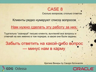 CASE 8
Критика Венеры by Сандро Ботичелли
Сколько вопросов, столько ответов
Клиенты редко нумеруют список вопросов
Нам нужно сделать эту работу за них.
Тщательно “сканируй” письмо клиента, вычленяй все вопросы и
отвечай на них именно в том порядке, в каком они были заданы.
Забыть ответить на какой-либо вопрос
— минус нам в карму.
 
