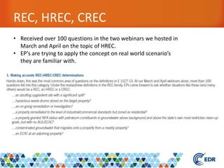 REC, HREC, CREC
• Received over 100 questions in the two webinars we hosted in
March and April on the topic of HREC.
• EP’s are trying to apply the concept on real world scenario’s
they are familiar with.
 