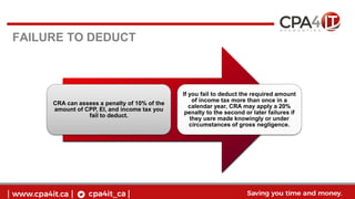 FAILURE TO DEDUCT
CRA can assess a penalty of 10% of the
amount of CPP, EI, and income tax you
fail to deduct.
If you fail to deduct the required amount
of income tax more than once in a
calendar year, CRA may apply a 20%
penalty to the second or later failures if
they usre made knowingly or under
circumstances of gross negligence.
 