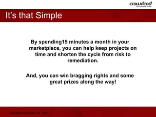 It’s that SimpleBy spending15 minutes a month in your marketplace, you can help keep projects on time and shorten the cycle from risk to remediation.And, you can win bragging rights and some great prizes along the way!