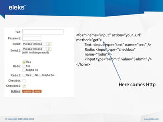 <form name="input" action=“your_url"
method="get">
     Text: <input type=“text" name=“text” />
     Radio: <input type="checkbox"
     name=“radio"/>
     <input type="submit" value="Submit" />
</form>




                        Here comes Http
 