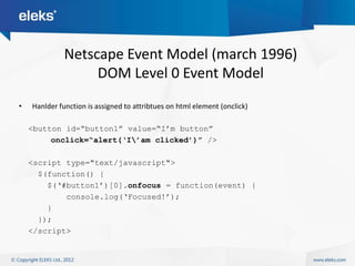 Netscape Event Model (march 1996)
                   DOM Level 0 Event Model
•   Hanlder function is assigned to attribtues on html element (onclick)

    <button id=“button1” value=“I‟m button”
         onclick=“alert(„I‟am clicked‟)” />

    <script type="text/javascript">
      $(function() {
        $(„#button1‟)[0].onfocus = function(event) {
            console.log(„Focused!‟);
        }
      });
    </script>
 