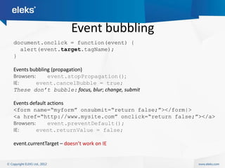 Event bubbling
document.onclick = function(event) {
  alert(event.target.tagName);
}

Events bubbling (propagation)
Browsers:     event.stopPropagation();
IE:       event.cancelBubble = true;
These don’t bubble: focus, blur; change, submit

Events default actions
<form name=“myform” onsubmit=“return false;”></form|>
<a href=“http://www.mysite.com” onclick=“return false;”></a>
Browsers:      event.preventDefault();
IE:       event.returnValue = false;

event.currentTarget – doesn’t work on IE
 
