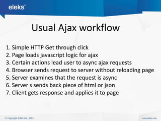 Usual Ajax workflow
1. Simple HTTP Get through click
2. Page loads javascript logic for ajax
3. Certain actions lead user to async ajax requests
4. Browser sends request to server without reloading page
5. Server examines that the request is async
6. Server s sends back piece of html or json
7. Client gets response and applies it to page
 