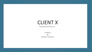 STARTUP X 1
STARTUP XPowerpoint Presentation for Projects
By John Doe
Project Manager
CLIENT XProposed Architecture
Problems
&
Need for Solutions
 