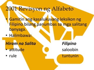 2001 Revisyon ng Alfabeto
• Gamitin ang kasalukuyang leksikon ng
Filipino bilang panumbas sa mga salitang
banyaga.
• Halimbawa:
Hiram na Salita Filipino
• attitude saloobin
• rule tuntunin
 