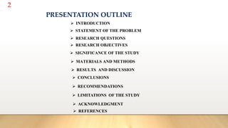 2
PRESENTATION OUTLINE
 INTRODUCTION
 STATEMENT OF THE PROBLEM
 RESEARCH QUESTIONS
 RESEARCH OBJECTIVES
 MATERIALS AND METHODS
 RESULTS AND DISCUSSION
 CONCLUSIONS
 RECOMMENDATIONS
 LIMITATIONS OF THE STUDY
 ACKNOWLEDGMENT
 REFERENCES
 SIGNIFICANCE OF THE STUDY
 