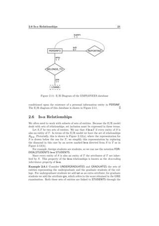 2.6 Is-a Relationships 21
PERSINFO
BELONGS_TO
REPORTING
emp
1: +
pos
1:1
sub
0:1
superv
1: +
LOANS
Figure 2.11: E/R Diagram of the EMPLOYEES database
conditioned upon the existence of a personal information entity in PERSINF.
The E/R diagram of this database is shown in Figure 2.11.
2.6 Is-a Relationships
We often need to work with subsets of sets of entities. Because the E/R model
deals with sets of relationships, set inclusion must be expressed in these terms.
Let S, T be two sets of entities. We say that S is-a T if every entity of S is
also an entity of T . In terms of the E/R model we have the set of relationships
Ris-a. Pictorially, this is shown in Figure 2.12(a), where the representation for
S is drawn below the one for T ; we simplify this representation by replacing
the diamond in this case by an arrow marked is-a directed from S to T as in
Figure 2.12(b).
For example, foreign students are students, so we can use the notation FOR-
EIGN STUDENTS is-a STUDENTS.
Since every entity of S is also an entity of T the attributes of T are inher-
ited by S. This property of the is-a relationships is known as the descending
inheritance property of is-a.
Example 2.6.1 Consider UNDERGRADUATES and GRADUATES the sets of
entities representing the undergraduate and the graduate students of the col-
lege. For undergraduate students we add sat as an extra attribute; for graduate
students we add the attribute gre, which refers to the score obtained in the GRE
examination. Both these sets of entities are linked to STUDENTS through the
 