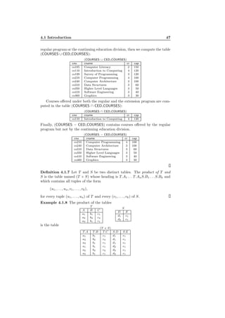 4.1 Introduction 47
regular program or the continuing education division, then we compute the table
(COURSES ∪ CED COURSES):
(COURSES ∪ CED COURSES)
cno cname cr cap
cs105 Computer Literacy 2 150
cs110 Introduction to Computing 4 120
cs199 Survey of Programming 3 120
cs210 Computer Programming 4 100
cs240 Computer Architecture 3 100
cs310 Data Structures 3 60
cs350 Higher Level Languages 3 50
cs410 Software Engineering 3 40
cs460 Graphics 3 30
Courses oﬀered under both the regular and the extension program are com-
puted in the table (COURSES ∩ CED COURSES):
(COURSES ∩ CED COURSES)
cno cname cr cap
cs110 Introduction to Computing 4 120
Finally, (COURSES − CED COURSES) contains courses oﬀered by the regular
program but not by the continuing education division.
(COURSES − CED COURSES)
cno cname cr cap
cs210 Computer Programming 4 100
cs240 Computer Architecture 3 100
cs310 Data Structures 3 60
cs350 Higher Level Languages 3 50
cs410 Software Engineering 3 40
cs460 Graphics 3 30
Deﬁnition 4.1.7 Let T and S be two distinct tables. The product of T and
S is the table named (T × S) whose heading is T.A1 . . . T.AnS.B1 . . . S.Bk and
which contains all tuples of the form
(u1, . . . , un, v1, . . . , vk),
for every tuple (u1, . . . , un) of T and every (v1, . . . , vk) of S.
Example 4.1.8 The product of the tables
T
A B C
a1 b1 c1
a2 b2 c4
a3 b1 c1
S
D E
d1 e1
d2 e1
is the table
(T × S)
T.A T.B T.C S.D S.E
a1 b1 c1 d1 e1
a2 b2 c4 d1 e1
a3 b1 c1 d1 e1
a1 b1 c1 d2 e1
a2 b2 c4 d2 e1
a3 b1 c1 d2 e1
 