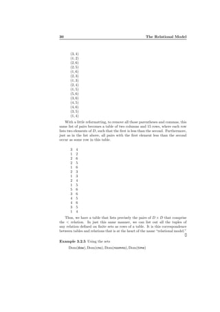 30 The Relational Model
(3, 4)
(1, 2)
(2, 6)
(2, 5)
(1, 6)
(2, 3)
(1, 3)
(2, 4)
(1, 5)
(5, 6)
(3, 6)
(4, 5)
(4, 6)
(3, 5)
(1, 4)
With a little reformatting, to remove all those parentheses and commas, this
same list of pairs becomes a table of two columns and 15 rows, where each row
lists two elements of D, such that the ﬁrst is less than the second. Furthermore,
just as in the list above, all pairs with the ﬁrst element less than the second
occur as some row in this table.
3 4
1 2
2 6
2 5
1 6
2 3
1 3
2 4
1 5
5 6
3 6
4 5
4 6
3 5
1 4
Thus, we have a table that lists precisely the pairs of D × D that comprise
the < relation. In just this same manner, we can list out all the tuples of
any relation deﬁned on ﬁnite sets as rows of a table. It is this correspondence
between tables and relations that is at the heart of the name “relational model.”
Example 3.2.5 Using the sets
Dom(dow), Dom(cno), Dom(roomno), Dom(time)
 