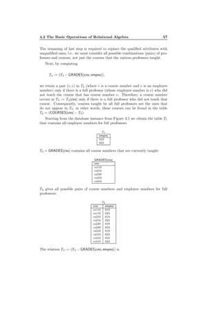 4.2 The Basic Operations of Relational Algebra 57
The renaming of last step is required to replace the qualiﬁed attributes with
unqualiﬁed ones; i.e., we must consider all possible combinations (pairs) of pro-
fessors and courses, not just the courses that the various professors taught.
Next, by computing
T4 := (T3 − GRADES[cno, empno]),
we retain a pair (c, e) in T4 (where c is a course number and e is an employee
number) only if there is a full professor (whose employee number is e) who did
not teach the course that has course number c. Therefore, a course number
occurs in T5 := T4[cno] only if there is a full professor who did not teach that
course. Consequently, courses taught by all full professors are the ones that
do not appear in T5; in other words, these courses can be found in the table
T6 = (COURSES[cno] − T5).
Starting from the database instance from Figure 3.1 we obtain the table T1
that contains all employee numbers for full professors:
T1
empno
019
023
T2 = GRADES[cno] contains all course numbers that are currently taught:
GRADES[cno]
cno
cs110
cs210
cs240
cs310
cs410
T3 gives all possible pairs of course numbers and employee numbers for full
professors:
T3
cno empno
cs110 019
cs110 023
cs210 019
cs210 023
cs240 019
cs240 023
cs310 019
cs310 023
cs410 019
cs410 023
The relation T4 := (T3 − GRADES[cno, empno]) is
 