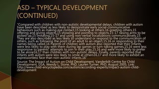 “Compared with children with non-autistic developmental delays, children with autism
have been described as less likely to demonstrate early social-communicative
behaviours such as making eye contact,15 looking at others,16 greeting others,15
offering and giving objects,15 showing and pointing to objects,15-17 raising arms to be
picked up,15 imitating,15-17 and using non-verbal vocalizations communicatively.15
They are also described as less likely to understand or respond to the communication of
others, such as following the point of an adult to an object,15,16 or responding to their
names being called.16 Parents of children with autism also reported that their infants
were less likely to play with them during lap games or turn-taking games,15,16 were less
responsive to parents’ attempts to join in their play,15,16 and were more likely to prefer
to be alone16,17 than children with non-autistic delays. Finally, parents reported that
infants with autism were less likely to smile at others16,17 and more likely to exhibit an
expressionless face than non-autistic infants.16”
Source: The Impact of Autism on Child Development, Vanderbilt Centre for Child
Development, USA, Wendy L. Stone, PhD, Lauren Turner, PhD, August 2005, Link:
http://www.child-encyclopedia.com/autism/according-experts/impact-autism-child-
development
 