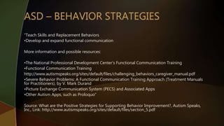 “Teach Skills and Replacement Behaviors
•Develop and expand functional communication
More information and possible resources:
•The National Professional Development Center’s Functional Communication Training
•Functional Communication Training
http://www.autismspeaks.org/sites/default/files/challenging_behaviors_caregiver_manual.pdf
•Severe Behavior Problems: A Functional Communication Training Approach (Treatment Manuals
for Practitioners), by V. Mark Durand
•Picture Exchange Communication System (PECS) and Associated Apps
•Other Autism Apps, such as Proloquo”
Source: What are the Positive Strategies for Supporting Behavior Improvement?, Autism Speaks,
Inc., Link: http://www.autismspeaks.org/sites/default/files/section_5.pdf
 