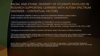 “In this framework, disability is seen as a result of an interaction between a person (with a
health condition) and the environmental and personal (i.e., contextual) factors.”
“Unless the participants are clearly identified, it is impossible to connect an intervention
with an individual who might benefit from it. This is especially important with ASD since no two
individuals are alike, complicating the selection process” (West, McCollow, Umbarger, Kidwell, & Cote, 2013, p. 448).”
“Arranging environmental conditions consistent with learner needs is the essence of effective teaching.”
“This means special education professionals must develop and refine relationships with students and families in ways
that enhance teacher ability to arrange effective instructional conditions (Odom & Wolery, 2003; Simpson,
Mundschenk, & Heflin, 2011).”
Source: West, E., Travers, J.C., Kemper, T., Liberty, L., Cote, D., McCollow, M., Brusnahan, L.. Racial and Ethnic Diversity of
Participants in Research Supporting Evidence-Based Practices for Learners With Autism Spectrum Disorder. (2016). The Journal
of Special Education, Vol. 50(3) 151-163. DOI: 10.1177/0022466916632495
 