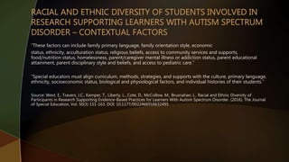 “These factors can include family primary language, family orientation style, economic
status, ethnicity, acculturation status, religious beliefs, access to community services and supports,
food/nutrition status, homelessness, parent/caregiver mental illness or addiction status, parent educational
attainment, parent disciplinary style and beliefs, and access to pediatric care.”
“Special educators must align curriculum, methods, strategies, and supports with the culture, primary language,
ethnicity, socioeconomic status, biological and physiological factors, and individual histories of their students.”
Source: West, E., Travers, J.C., Kemper, T., Liberty, L., Cote, D., McCollow, M., Brusnahan, L.. Racial and Ethnic Diversity of
Participants in Research Supporting Evidence-Based Practices for Learners With Autism Spectrum Disorder. (2016). The Journal
of Special Education, Vol. 50(3) 151-163. DOI: 10.1177/0022466916632495
 