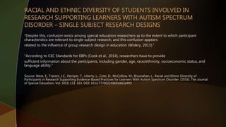 “Despite this, confusion exists among special education researchers as to the extent to which participant
characteristics are relevant to single subject research, and this confusion appears
related to the influence of group research design in education (Wolery, 2013).”
“According to CEC Standards for EBPs (Cook et al., 2014), researchers have to provide
sufficient information about the participants, including gender, age, race/ethnicity, socioeconomic status, and
language ability.”
Source: West, E., Travers, J.C., Kemper, T., Liberty, L., Cote, D., McCollow, M., Brusnahan, L.. Racial and Ethnic Diversity of
Participants in Research Supporting Evidence-Based Practices for Learners With Autism Spectrum Disorder. (2016). The Journal
of Special Education, Vol. 50(3) 151-163. DOI: 10.1177/0022466916632495
 