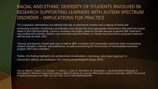 “It is imperative interventions are selected that rely on practitioner wisdom and a valuing of family and
community priorities. Practitioners and families must choose the most appropriate interventions that meet the unique
needs of the child and family. Choice is necessary and highly valued by families because proposed EBP treatments
may conflict with a family’s beliefs, may have been tried and failed, or a family may know that a proposed treatment
will not work for their child.”
“Second, practitioners should seek ways to deliver EBPs consistent with intervention protocols while incorporating
student strengths, interests, and preferences, as well as accounting for the priorities of individualized education
program (IEP) team members.”
“Rather, this finding highlights why professionals should adopt a meticulous, data-based approach to
intervention delivery and evaluation (CEC Interdivisional Research Group, 2014).”
Source: West, E., Travers, J.C., Kemper, T., Liberty, L., Cote, D., McCollow, M., Brusnahan, L.. Racial and Ethnic Diversity of
Participants in Research Supporting Evidence-Based Practices for Learners With Autism Spectrum Disorder. (2016). The Journal
of Special Education, Vol. 50(3) 151-163. DOI: 10.1177/0022466916632495
 
