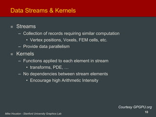 10Mike Houston - Stanford University Graphics Lab
Data Streams & Kernels
Streams
– Collection of records requiring similar computation
• Vertex positions, Voxels, FEM cells, etc.
– Provide data parallelism
Kernels
– Functions applied to each element in stream
• transforms, PDE, …
– No dependencies between stream elements
• Encourage high Arithmetic Intensity
Courtesy GPGPU.org
 