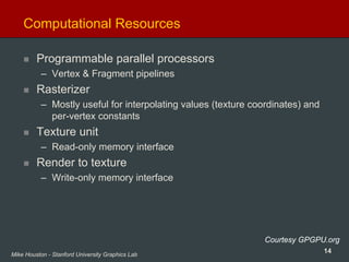 14Mike Houston - Stanford University Graphics Lab
Computational Resources
Programmable parallel processors
– Vertex & Fragment pipelines
Rasterizer
– Mostly useful for interpolating values (texture coordinates) and
per-vertex constants
Texture unit
– Read-only memory interface
Render to texture
– Write-only memory interface
Courtesy GPGPU.org
 