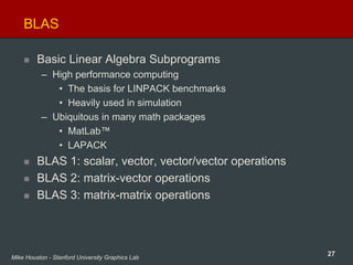 27Mike Houston - Stanford University Graphics Lab
BLAS
Basic Linear Algebra Subprograms
– High performance computing
• The basis for LINPACK benchmarks
• Heavily used in simulation
– Ubiquitous in many math packages
• MatLab™
• LAPACK
BLAS 1: scalar, vector, vector/vector operations
BLAS 2: matrix-vector operations
BLAS 3: matrix-matrix operations
 