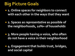 

1. Online spaces for neighbors to connect
with each other in the ways that they want



2. Spaces as representative as possible of
the neighborhoods, 10%+ of households



3. More people having a voice, who often
do not have a voice in their neighborhood



4. Engagement that builds trust, bridges,
and social capital

 