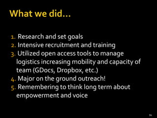 1. Research and set goals
2. Intensive recruitment and training
3. Utilized open access tools to manage
logistics increasing mobility and capacity of
team (GDocs, Dropbox, etc.)
4. Major on the ground outreach!
5. Remembering to think long term about
empowerment and voice
94

 