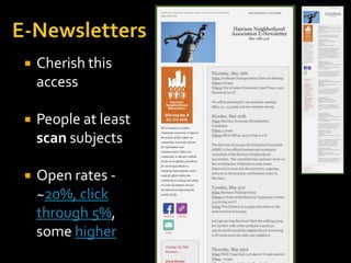 

Cherish this
access



People at least
scan subjects



Open rates ~20%, click
through 5%,
some higher

 
