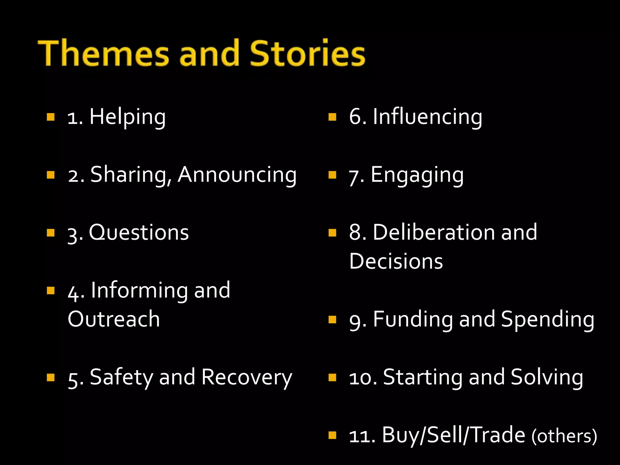  “Forum Manager” people 
person role essential, 
supported by forum rules, 
real names, local scope 
▪ AKA Admin, Moderator, 
empowered to guide and deal 
with rare, but challenging 
conflict/incivility etc., moderate 
new users/possible spammers 
 Idea: Cross-platform need to 
connect these local e-leaders 
for mutual support, legal 
protection too 
 Identifying various 
roles people can play 
informally or formally 
 Forum Manager 
 Neighbor Greeter 
 Neighborhood Linker 
 Social Coordinator 
 Cultural Connector 
 Community Reporter 
 Roles detailed: http://e-democracy. 
org/getinvolved 
 