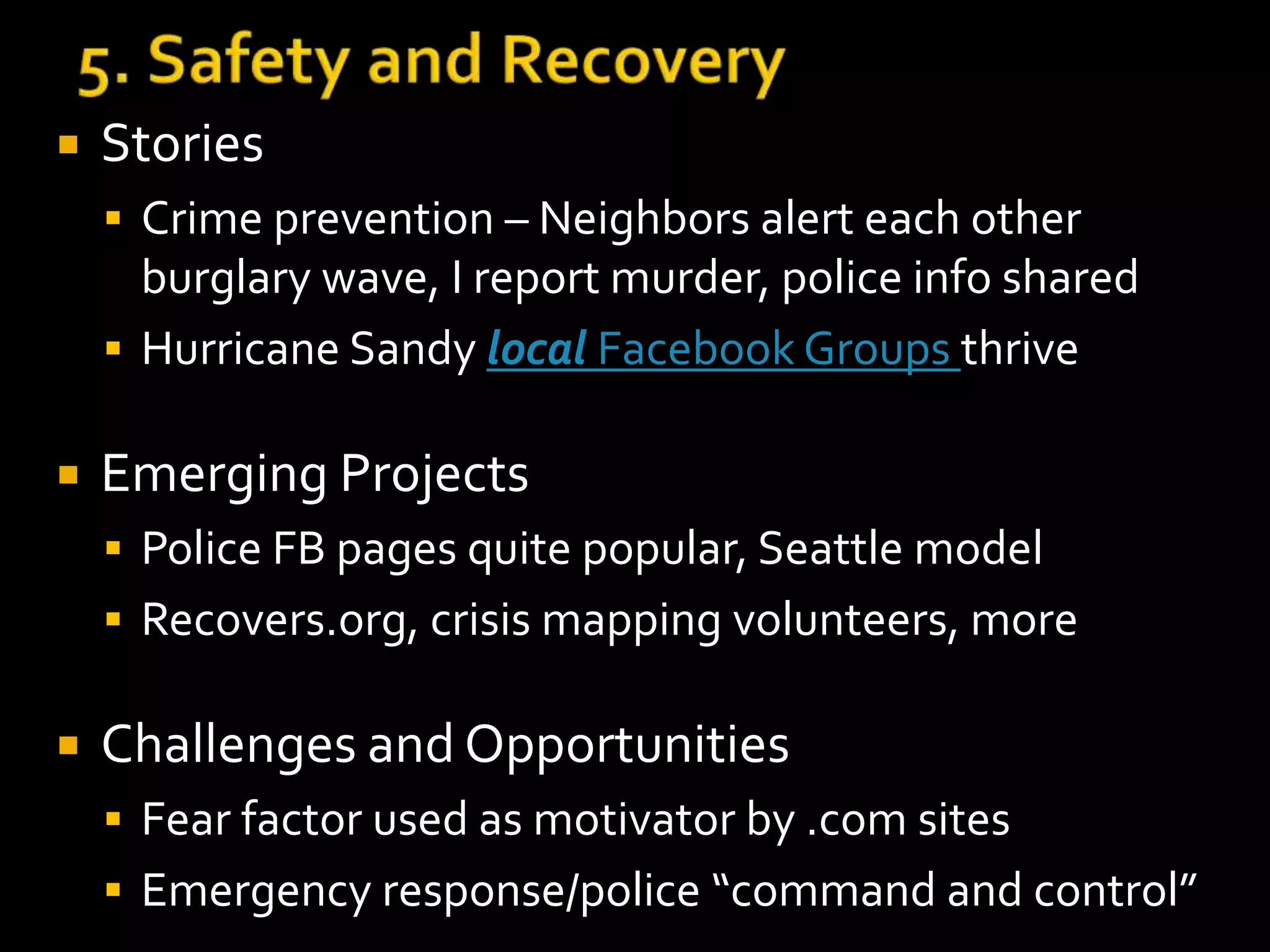 Stories 
 City councilor shares updates – road work, light 
rail stop lights, meetings –TIMELY info 
 Gov e-news/alerts, FB pages, Twitter channels 
 Emerging Projects 
 Many tools – Granicus: Webcasting, GovDelivery: 
Email Updates, Local Calendars (Elmcity, Gcal) 
 Challenges and Opportunities 
 Timely personalized notification – very powerful 
 Gov hosted vs. gov used, “Representative Deficit” 
 “Friending for Office” – Facebook native council members 
 