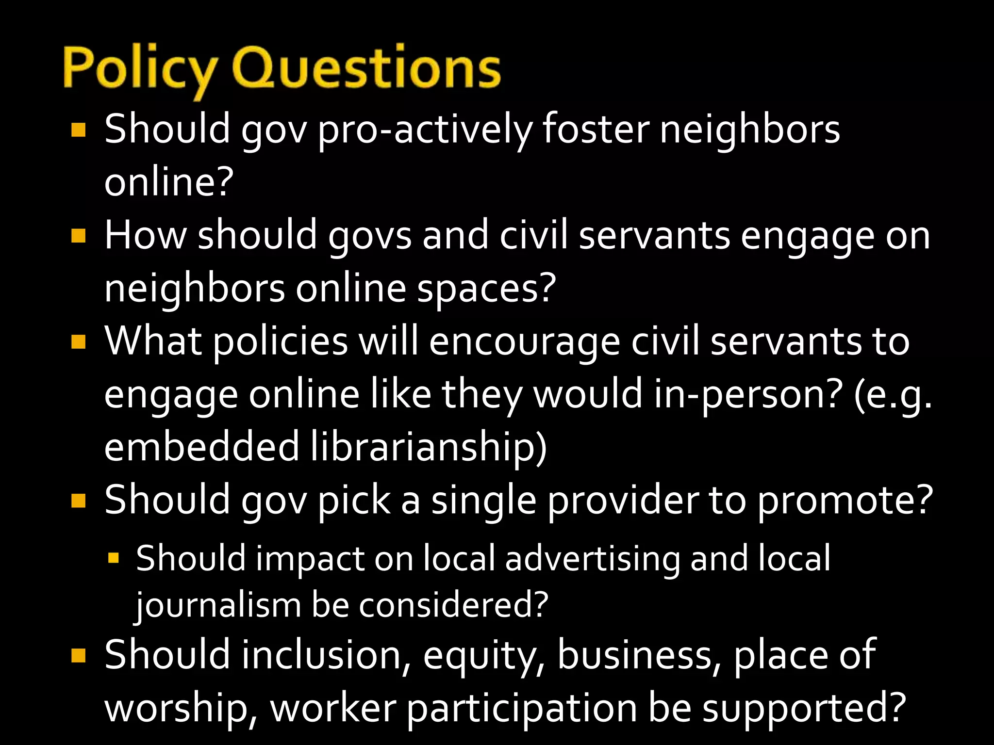  Build volunteer capacity, next pledge drive, 
promoting inclusive *public* engagement 
 “Forum engagement” - goal: 
Forums that better reflect the diversity of 
neighbors in the “virtual room.” 
 Share lessons across many communities: 
http://e-democracy.org/learn 
http://e-democracy.org/research - U Pitt, etc. 
 Leveraging base with Kettering Foundation for online 
deliberation: http://e-democracy.org/cga 
84 
 