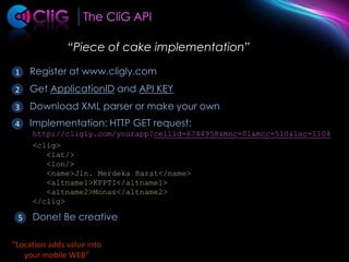 The CliG API“Piece of cake implementation”Register at www.cligly.com1Get ApplicationID and API KEY2Download XML parser or make your own3Implementation: HTTP GET request:4http://cligly.com/yourapp?cellid=6744958&mnc=01&mcc=510&lac=1104<clig>   <lat/>   <lon/>   <name>Jln. Merdeka Barat</name>   <altname1>KPPTI</altname1>   <altname2>Monas</altname2></clig>Done! Be creative5“Location adds value into your mobile WEB”