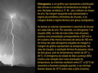 Climograma: é um gráfico que representa a distribuição
das chuvas e a oscilação da temperatura ao longo do
ano. Na base, as letras (J. F. M... etc.) indicam os meses
do ano. Na margem esquerda está representado o
regime pluviométrico (milímetros de chuvas), e na
margem direita o regime térmico (em graus centígrados).
As barras ou colunas representam o acúmulo de chuvas
em cada mês do ano. Por exemplo, no climograma 1 de
Uaupés (AM), no mês de maio (mês mais chuvoso)
ocorreu uma precipitação correspondente a 350 mm e
em outubro (mês menos chuvoso) de cerca de 160 mm.
As linhas de cada climograma traçadas de margem a
margem do gráfico representam as temperaturas. No
caso de Uaupés, a oscilação térmica foi pequena: cerca
de dois graus, pois as temperaturas variam de 24° a
26°C. O climograma da cidade de São Lourenço (MG)
mostra uma variação bem mais acentuada da
temperatura: as máximas oscilaram entre 21° e 22°C de
novembro a fevereiro (estação quente), e as mínimas
ficaram abaixo de 15°C entre maio e julho (inverno).
 