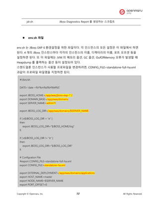Copyright © Opennaru, Inc. 13 All Rights Reserved.
⚫ env.sh 파일
env.sh 는 JBoss EAP 6 환경설정을 위한 파일이다. 각 인스턴스의 모든 설정은 이 파일에서 하면
된다. 4 개의 JBoss 인스턴스마다 각각의 인스턴스의 이름, 디렉터리의 이름, 포트 오프셋 등을
설정하면 된다. 또 이 파일에는 JVM 의 메모리 옵션, GC 옵션, OufOfMemory 오류가 발생할 때
Heapdump 를 출력하는 옵션 등이 설정되어 있다.
스탠드얼론 인스턴스가 사용할 프로파일을 변경하려면, CONFIG_FILE=standalone-full-ha.xml
과같이 프로파일 파일명을 지정하면 된다.
#!/bin/sh
DATE=`date +%Y%m%d%H%M%S`
export JBOSS_HOME=/app/was/jboss-eap-7.2
export DOMAIN_BASE=/app/was/domains
export SERVER_NAME=admin11
export JBOSS_LOG_DIR=/app/was/domains/$SERVER_NAME
if [ e$JBOSS_LOG_DIR = "e" ]
then
export JBOSS_LOG_DIR="$JBOSS_HOME/log"
fi
if [ e$JBOSS_LOG_DIR != "e" ]
then
export JBOSS_LOG_DIR="$JBOSS_LOG_DIR"
fi
# Configration File
#export CONFIG_FILE=standalone-full-ha.xml
export CONFIG_FILE=standalone-ha.xml
export EXTERNAL_DEPLOYMENT=/app/was/domains/applications
export HOST_NAME=master
export NODE_NAME=$SERVER_NAME
export PORT_OFFSET=0
jdr.sh JBoss Diagnostics Report 를 생성하는 스크립트
 