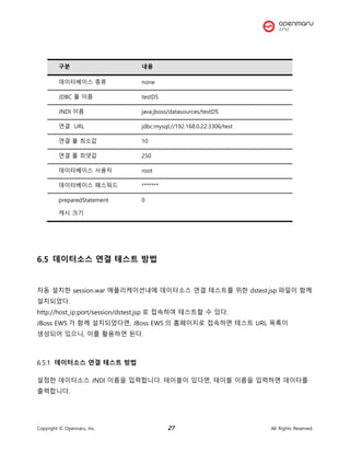 Copyright © Opennaru, Inc. 27 All Rights Reserved.
구분 내용
데이터베이스 종류 none
JDBC 풀 이름 testDS
JNDI 이름 java:jboss/datasources/testDS
연결 URL jdbc:mysql://192.168.0.22:3306/test
연결 풀 최소값 10
연결 풀 최댓값 250
데이터베이스 사용자 root
데이터베이스 패스워드 *******
preparedStatement
캐시 크기
0
6.5 데이터소스 연결 테스트 방법
자동 설치한 session.war 애플리케이션내에 데이터소스 연결 테스트를 위한 dstest.jsp 파일이 함께
설치되었다.
http://host_ip:port/session/dstest.jsp 로 접속하여 테스트할 수 있다.
JBoss EWS 가 함께 설치되었다면, JBoss EWS 의 홈페이지로 접속하면 테스트 URL 목록이
생성되어 있으니, 이를 활용하면 된다.
데이터소스 연결 테스트 방법
설정한 데이터소스 JNDI 이름을 입력합니다. 테이블이 있다면, 테이블 이름을 입력하면 데이터를
출력합니다.
 