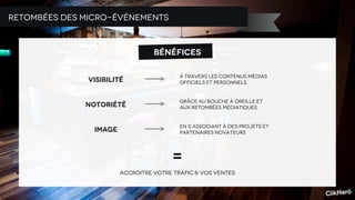 Retombées des micro-événements



                                  bénéfices

                                          à travers les contenus médias
              Visibilité                  officiels et personnels


                                          Grâce au bouche à oreille et
              Notoriété                   aux retombées médiatiques


                                          en s’associant à des projets et
                image                     partenaires novateurs




                                       =
                        accroitre votre trafic & vos ventes
 