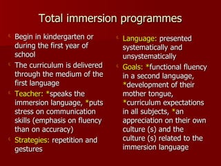 Total immersion programmes Begin in kindergarten or during the first year of school The curriculum is delivered through the medium of the first language Teacher:   * speaks the immersion language,  * puts stress on communication skills (emphasis on fluency than on accuracy) Strategies:  repetition and gestures Language:  presented systematically and unsystematically Goals:   * functional fluency in a second language,  * development of their mother tongue,  * curriculum expectations in all subjects,  * an appreciation on their own culture (s) and the culture (s) related to the immersion language 